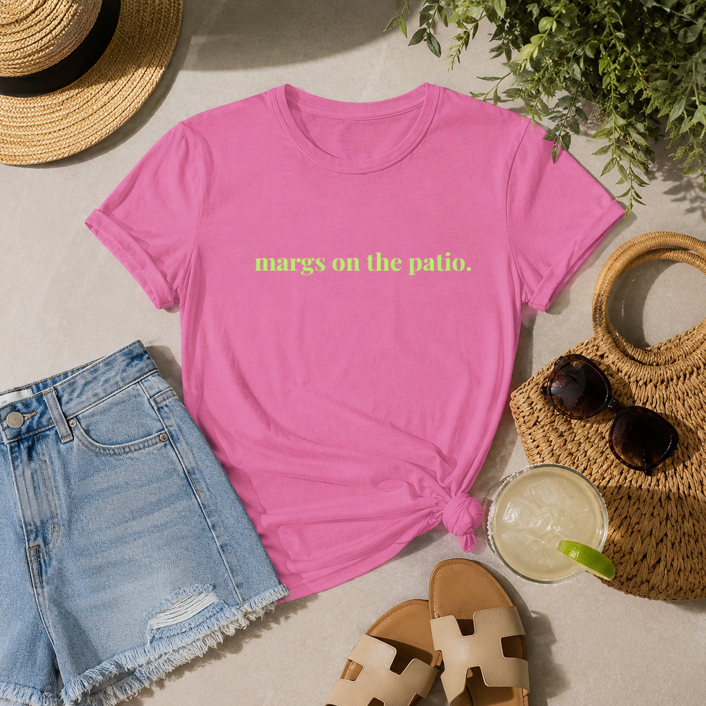 Women's Tee — "margs on the patio." Lime Text Casual Summer Cocktail Shirt